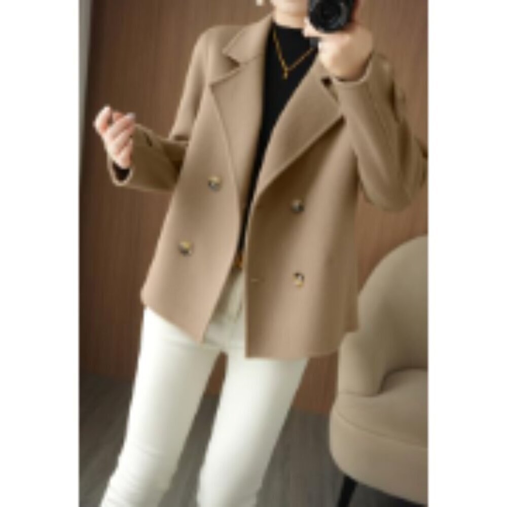 Wool Blend Pea Coat Loose Fit Double Breasted Blazer - Picture 3 of 5